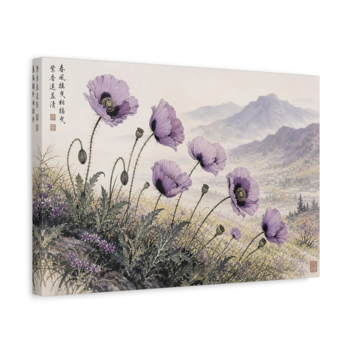 Side Mockup 4. Floral Poppies Purple Poppies shown as stretched canvas wall art