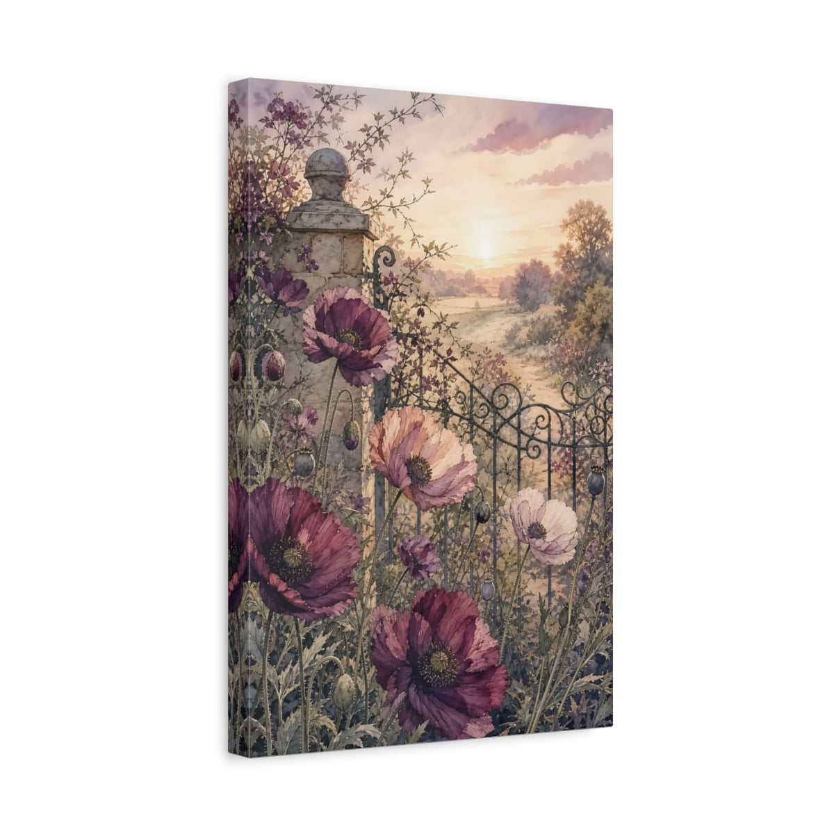 Side Mockup 4. Floral Poppies Purple Poppies shown as stretched canvas wall art