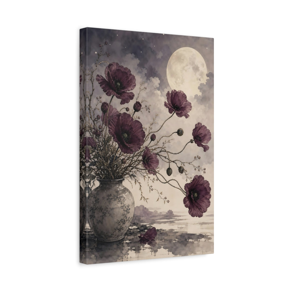 Side Mockup 4. Floral Poppies Purple Poppies Moon shown as stretched canvas wall art