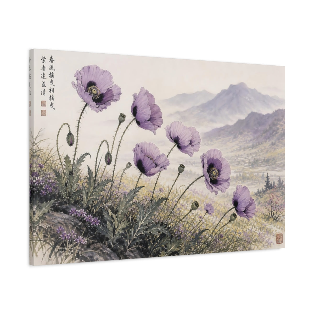Main Mockup. Floral Poppies Purple Poppies shown as stretched canvas wall art