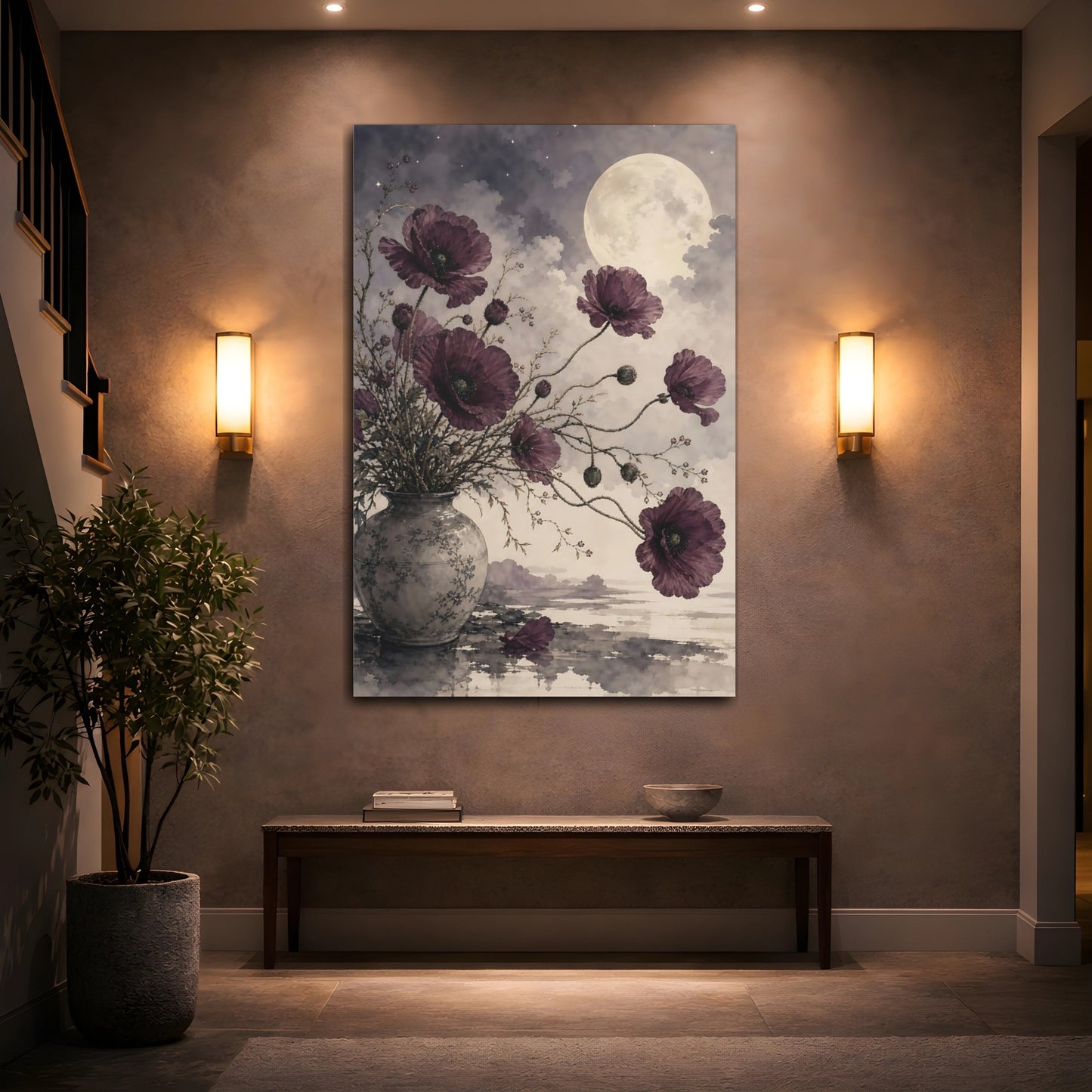 Mockup 2. Floral Poppies Purple Poppies Moon shown as stretched canvas wall art