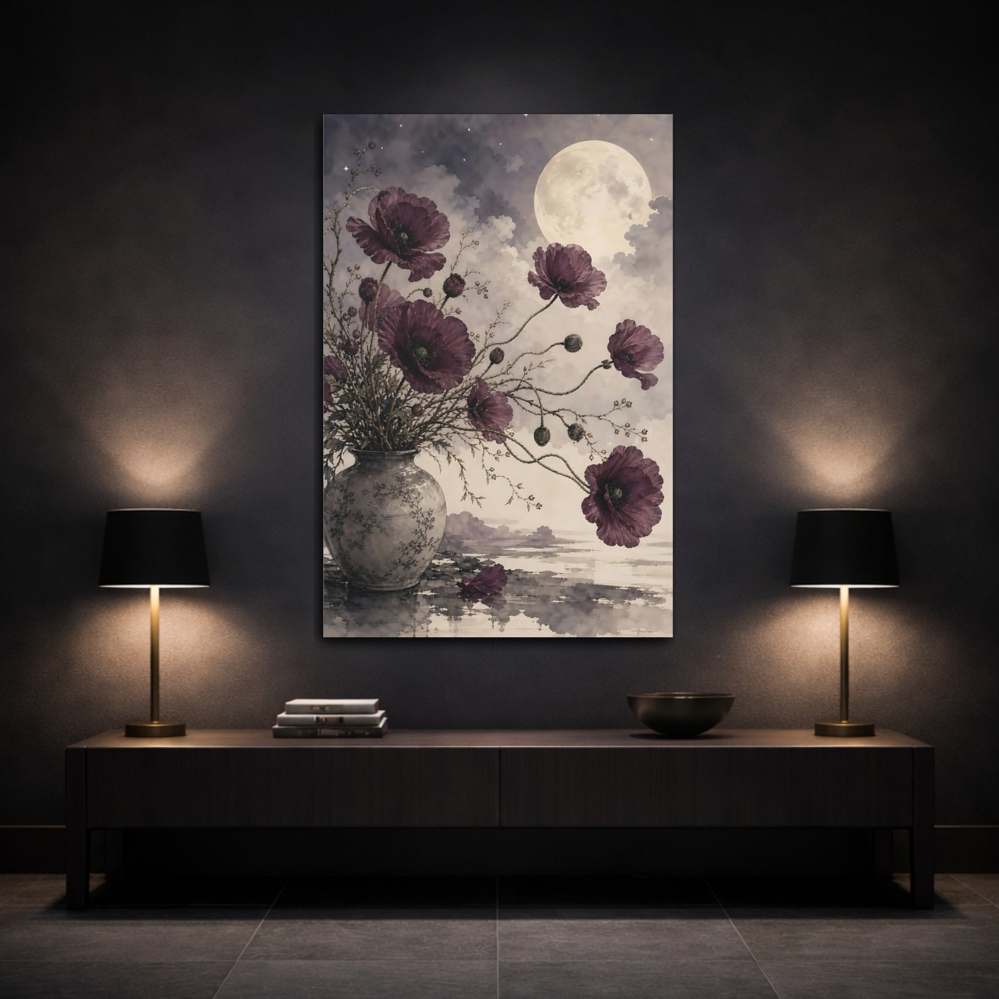 Mockup 3. Floral Poppies Purple Poppies Moon shown as stretched canvas wall art