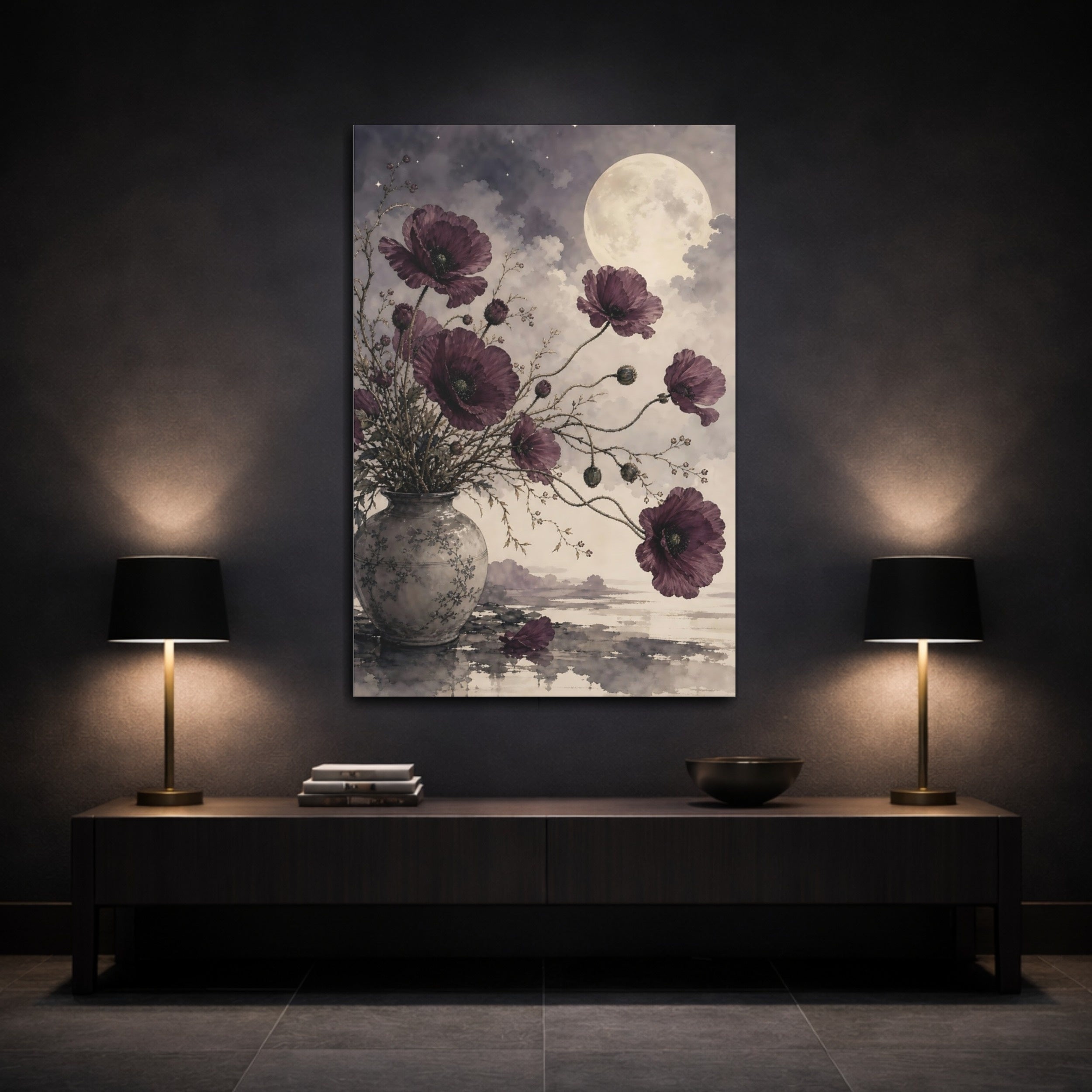 Mockup 3. Floral Poppies Purple Poppies Moon shown as stretched canvas wall art