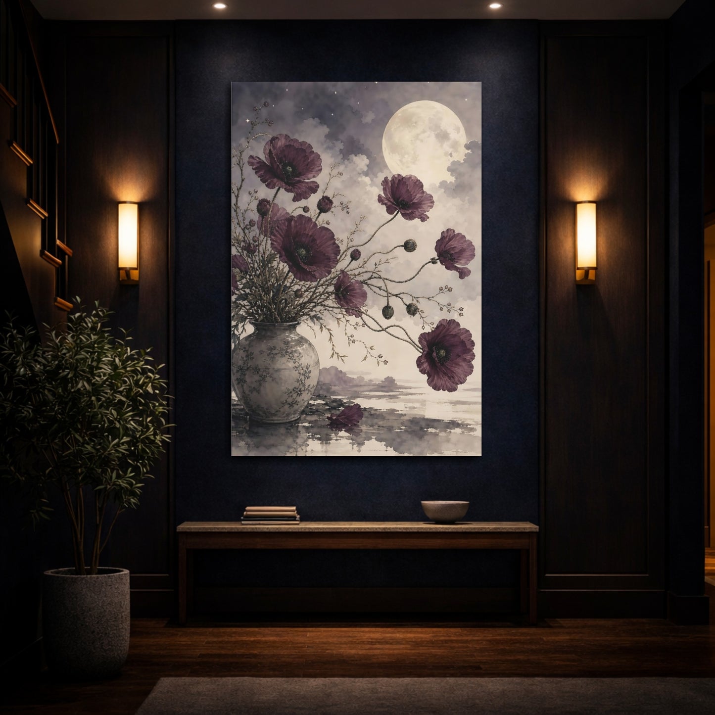 Mockup 4. Floral Poppies Purple Poppies Moon shown as stretched canvas wall art