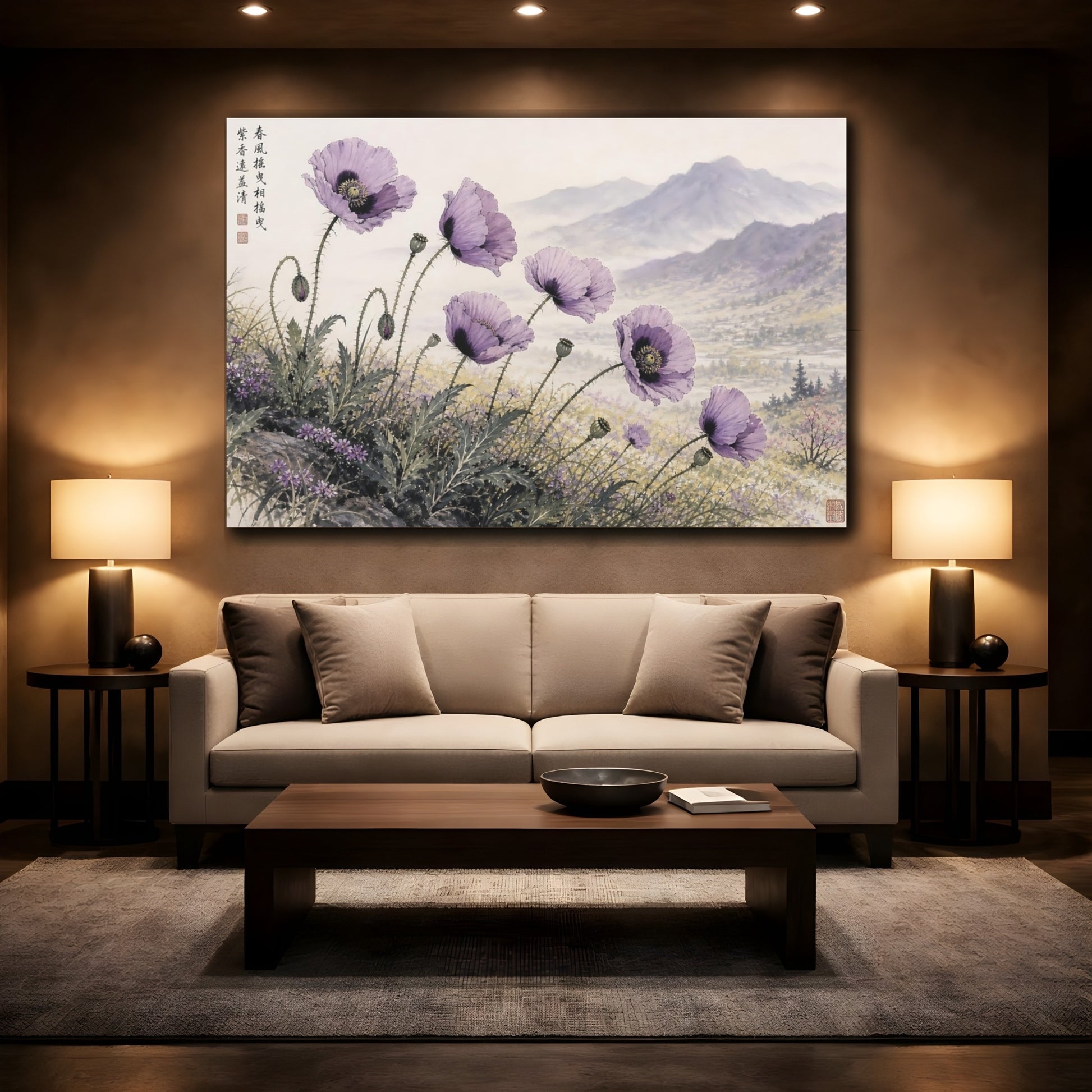 Mockup 2. Floral Poppies Purple Poppies shown as stretched canvas wall art