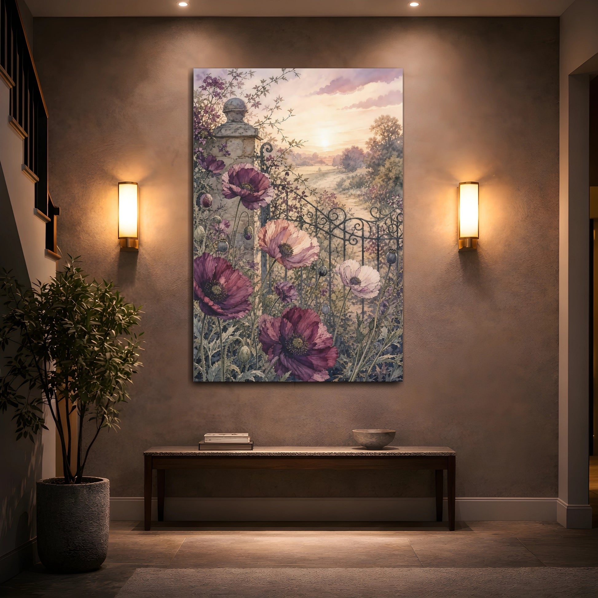 Mockup 2. Floral Poppies Purple Poppies shown as stretched canvas wall art