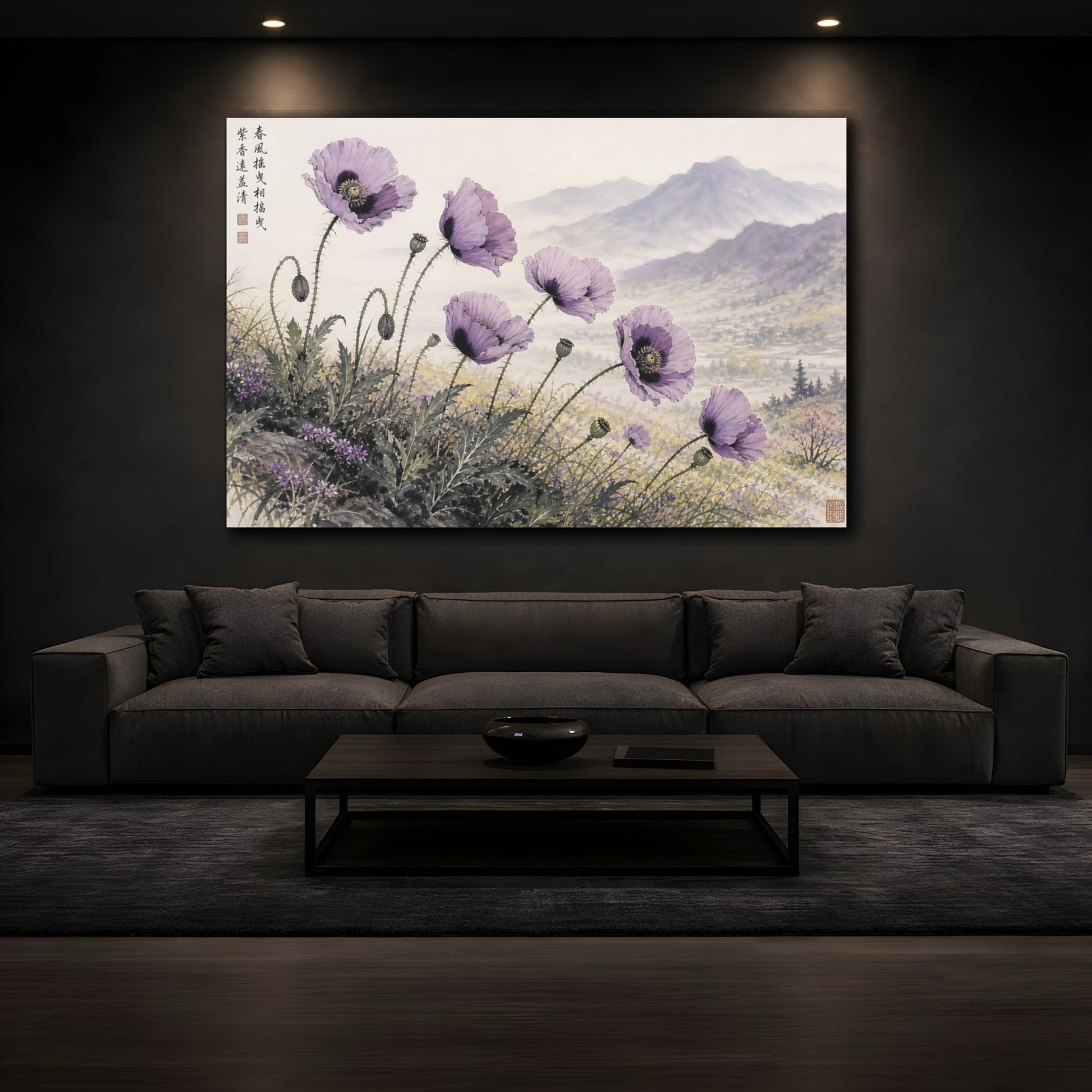 Mockup 3. Floral Poppies Purple Poppies shown as stretched canvas wall art
