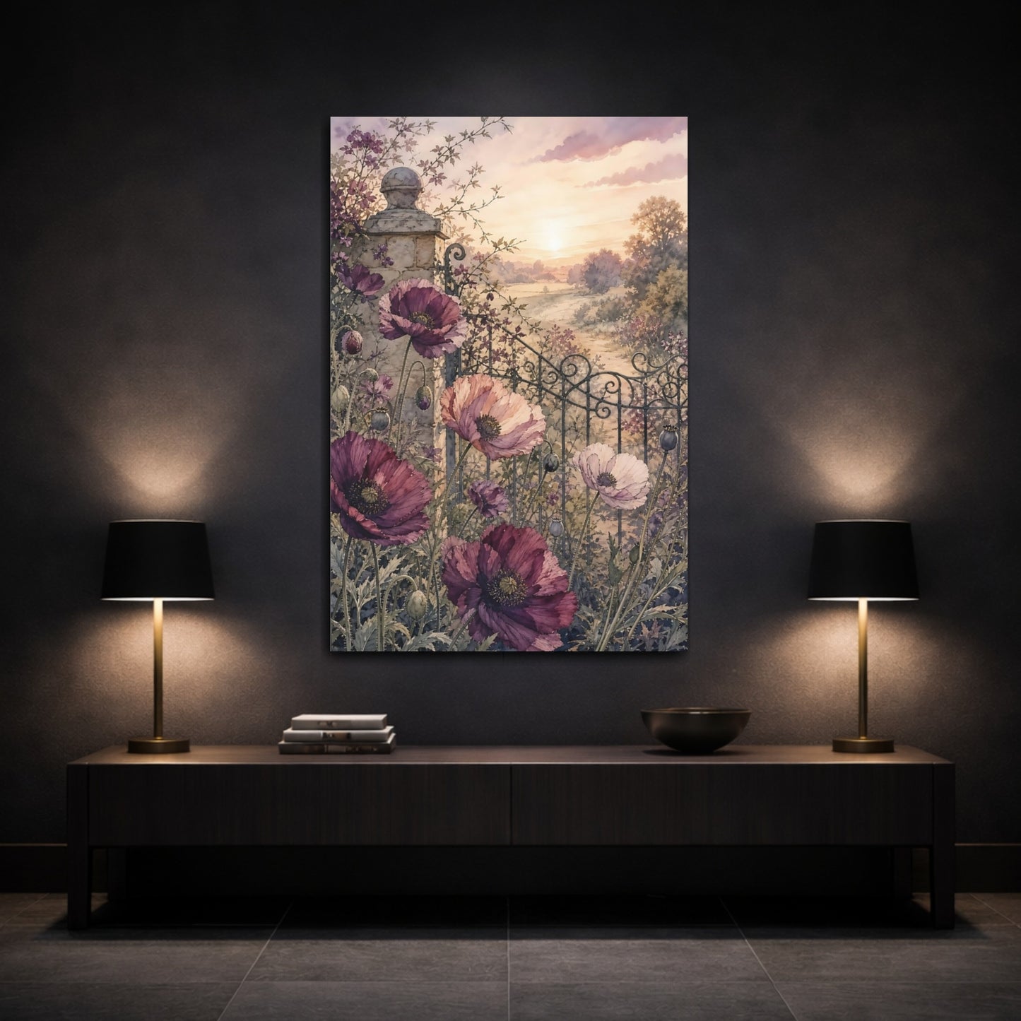 Mockup 3. Floral Poppies Purple Poppies shown as stretched canvas wall art