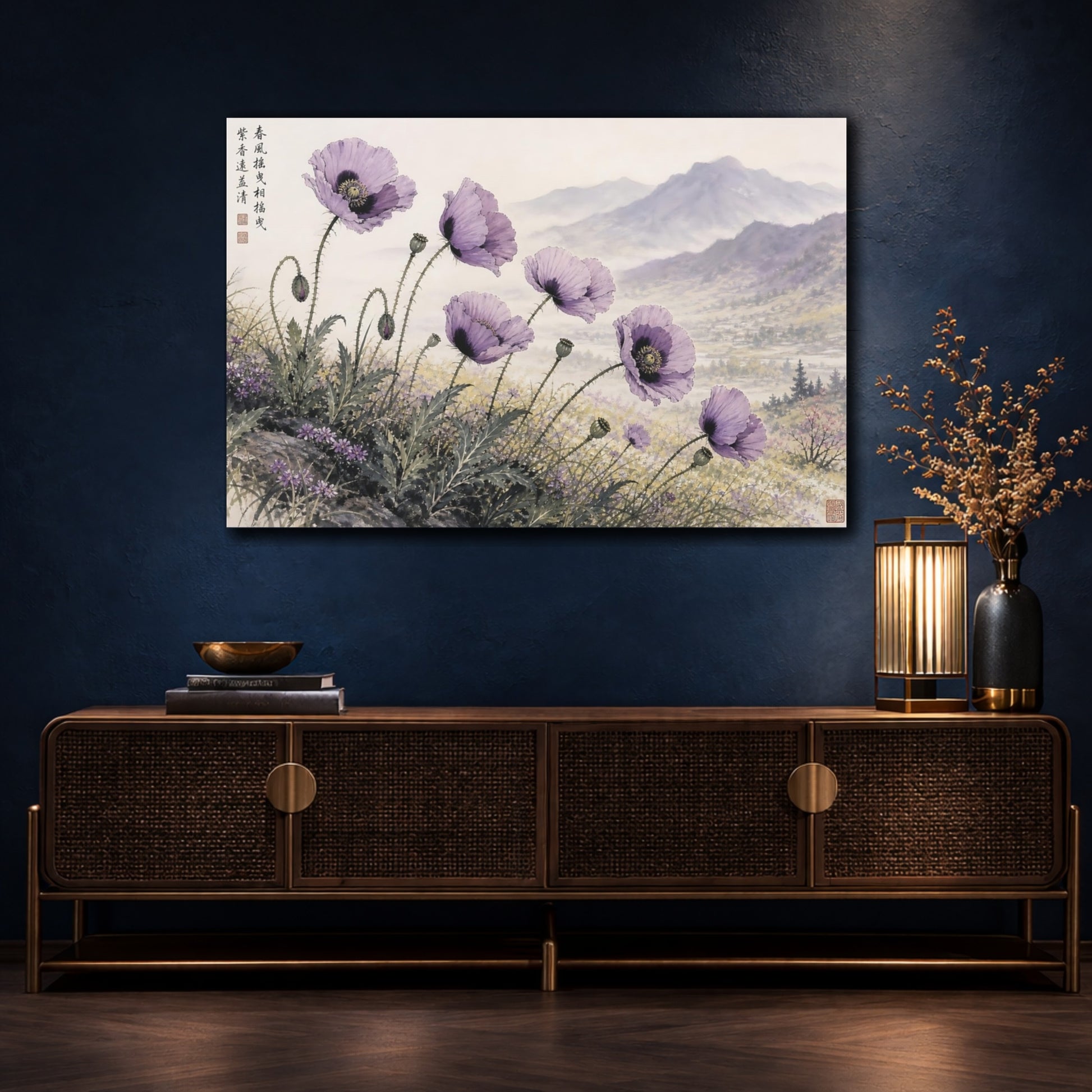 Mockup 4. Floral Poppies Purple Poppies shown as stretched canvas wall art