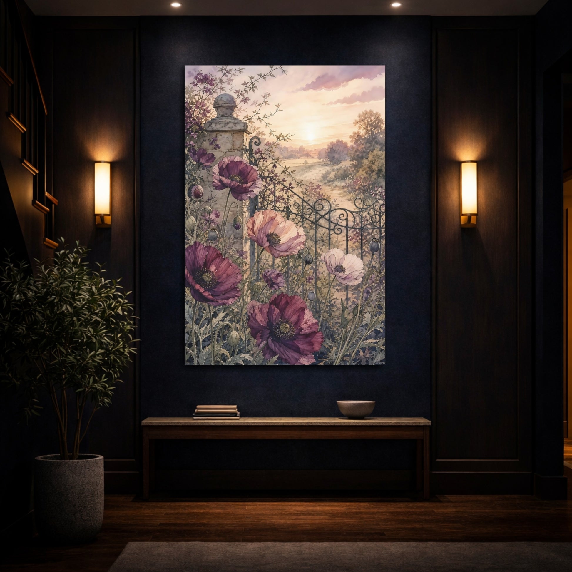 Mockup 4. Floral Poppies Purple Poppies shown as stretched canvas wall art