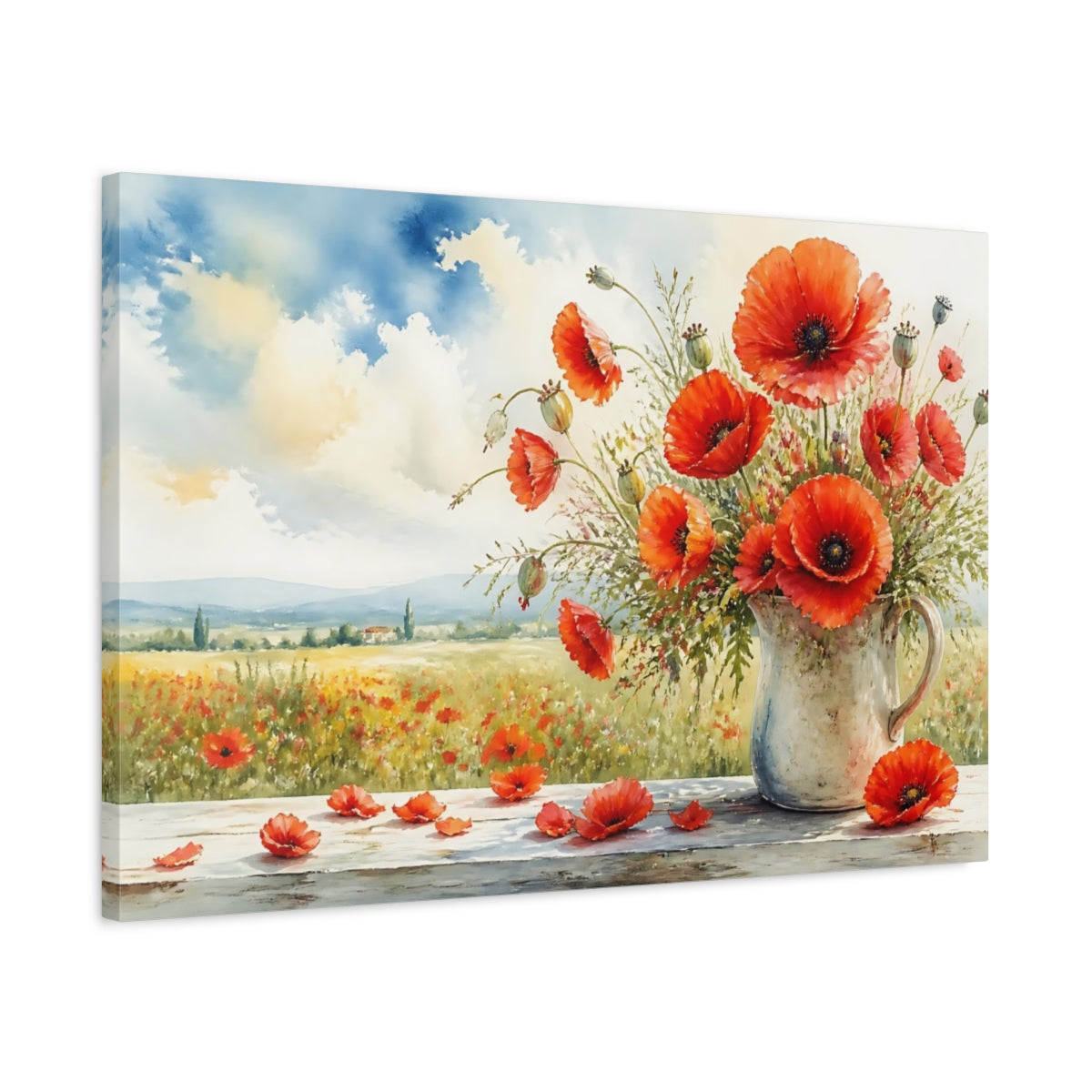 Side Mockup 2. Floral Poppies Red Poppies shown as stretched canvas wall art