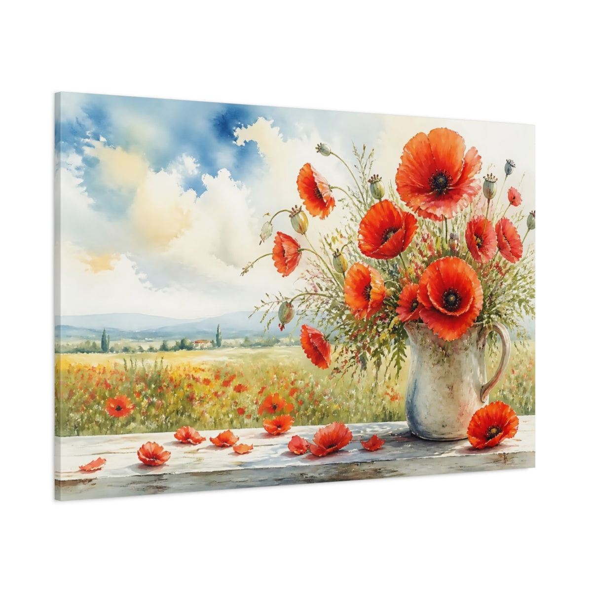 Side Mockup 1. Floral Poppies Red Poppies shown as stretched canvas wall art
