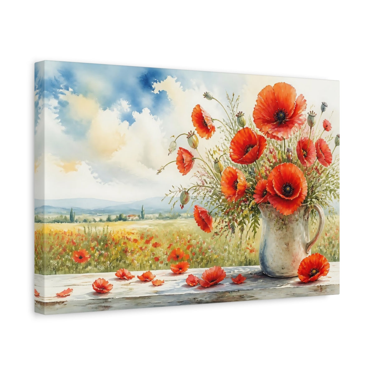 Side Mockup 4. Floral Poppies Red Poppies shown as stretched canvas wall art
