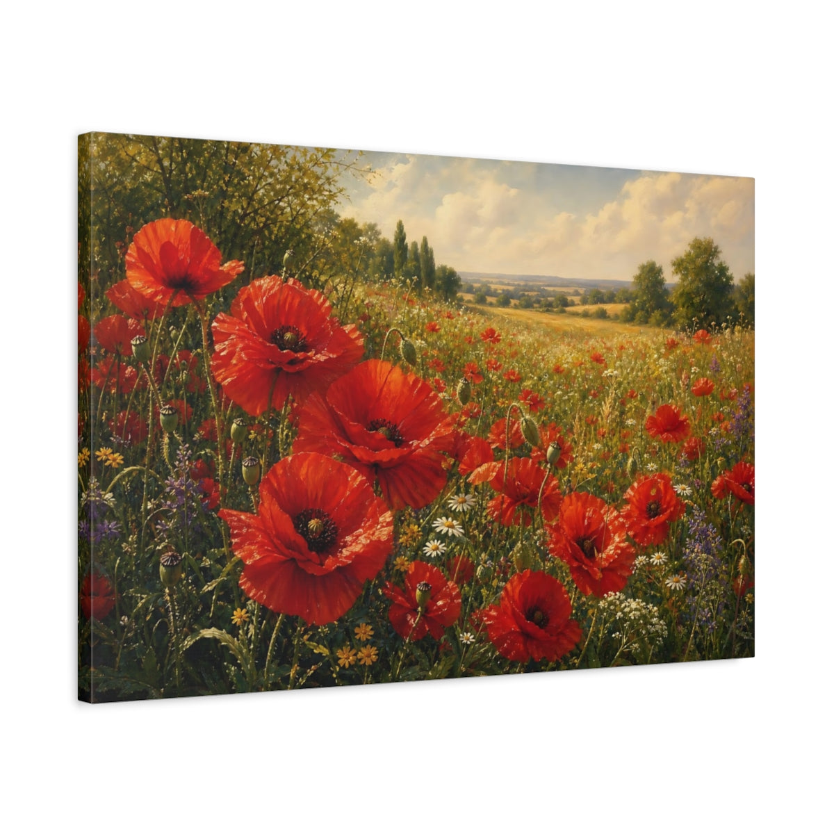 Side Mockup 2. Floral Poppies Red Poppies Field shown as stretched canvas wall art