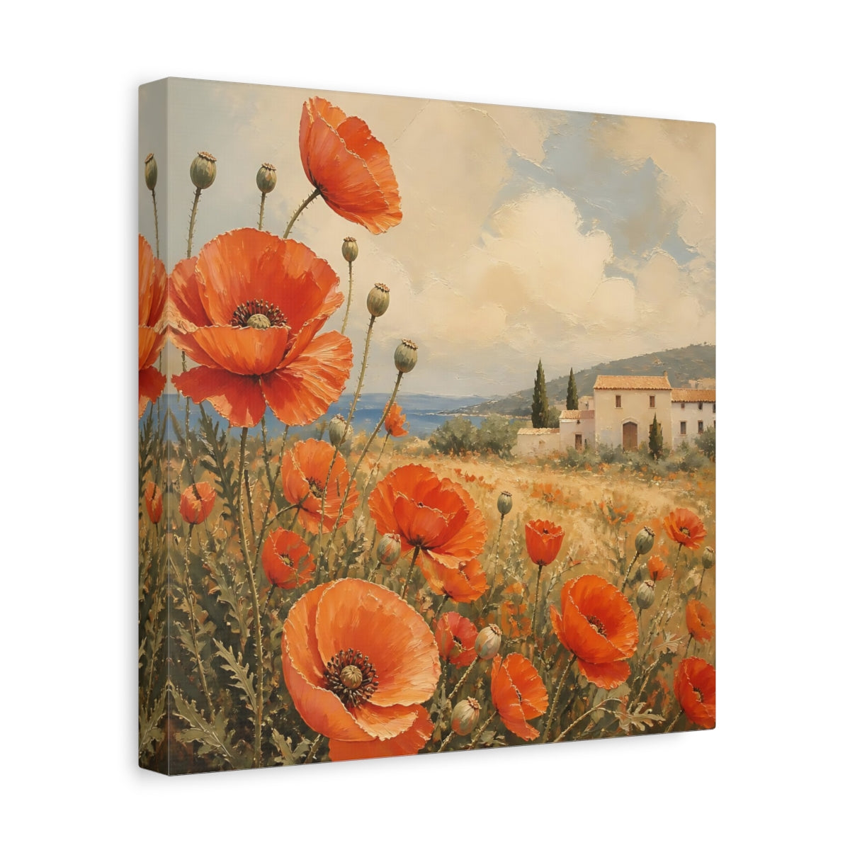 Side Mockup 8. Floral Poppies Red Poppies Landscape shown as stretched canvas wall art
