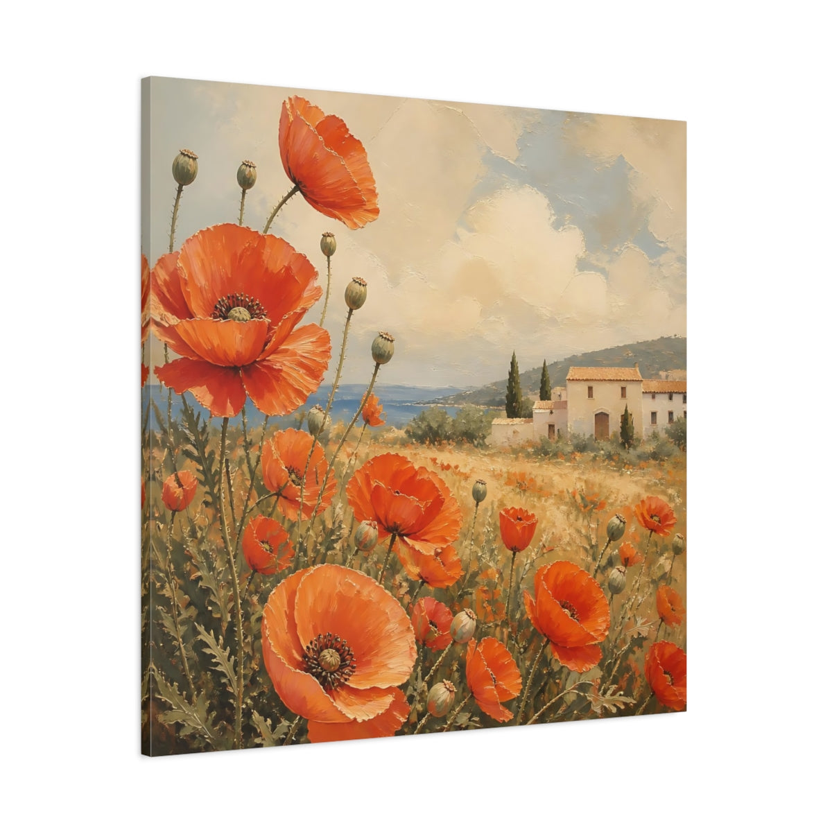 Side Mockup 1. Floral Poppies Red Poppies Landscape shown as stretched canvas wall art
