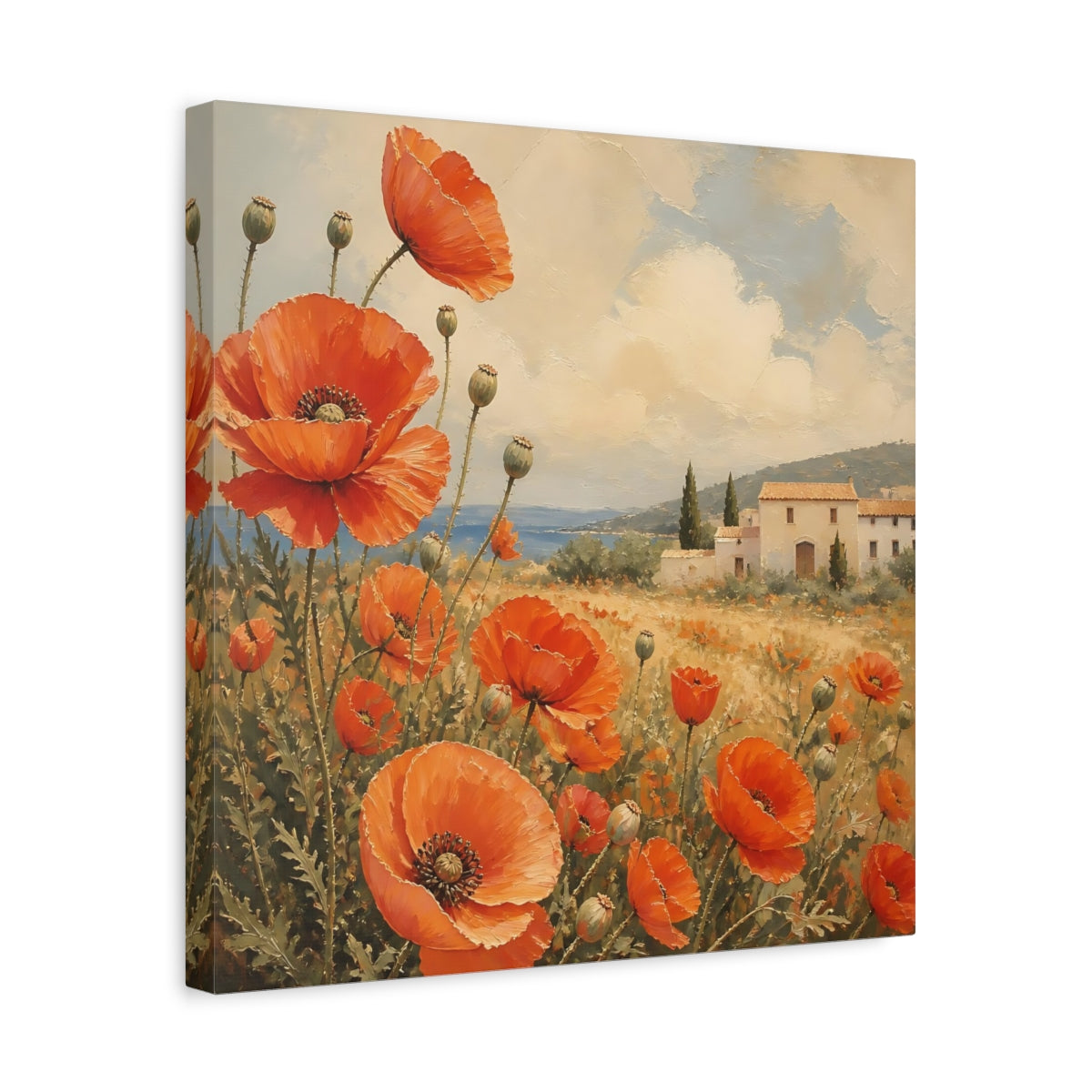 Side Mockup 6. Floral Poppies Red Poppies Landscape shown as stretched canvas wall art
