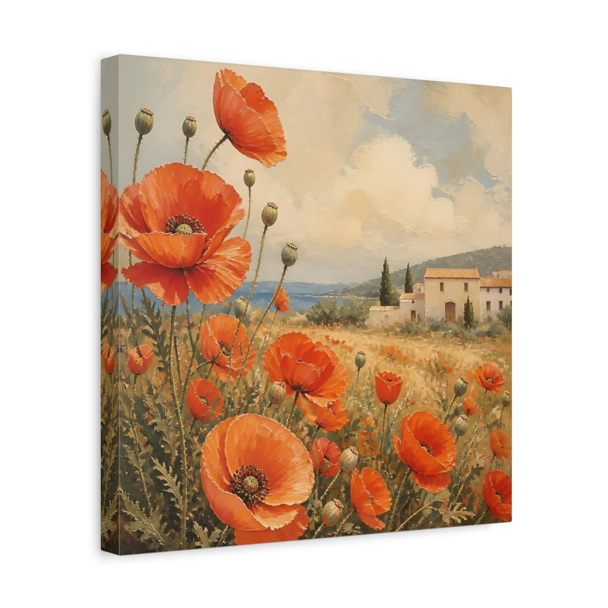 Side Mockup 7. Floral Poppies Red Poppies Landscape shown as stretched canvas wall art