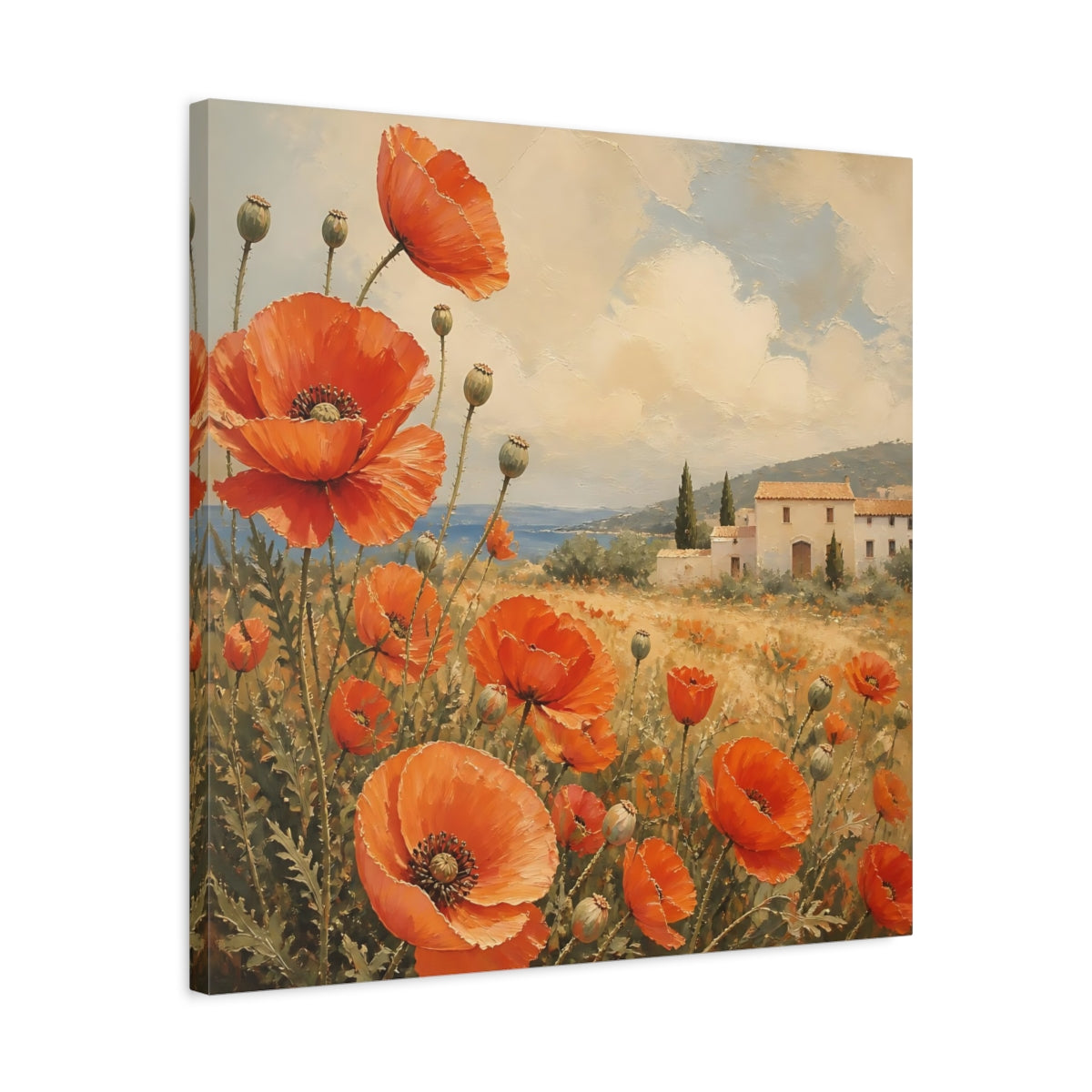 Side Mockup 4. Floral Poppies Red Poppies Landscape shown as stretched canvas wall art