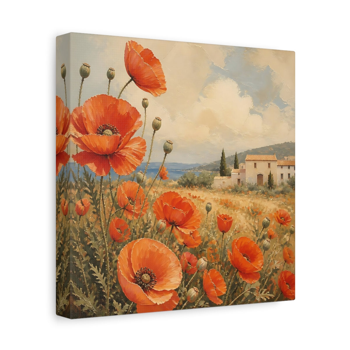 Side Mockup 9. Floral Poppies Red Poppies Landscape shown as stretched canvas wall art
