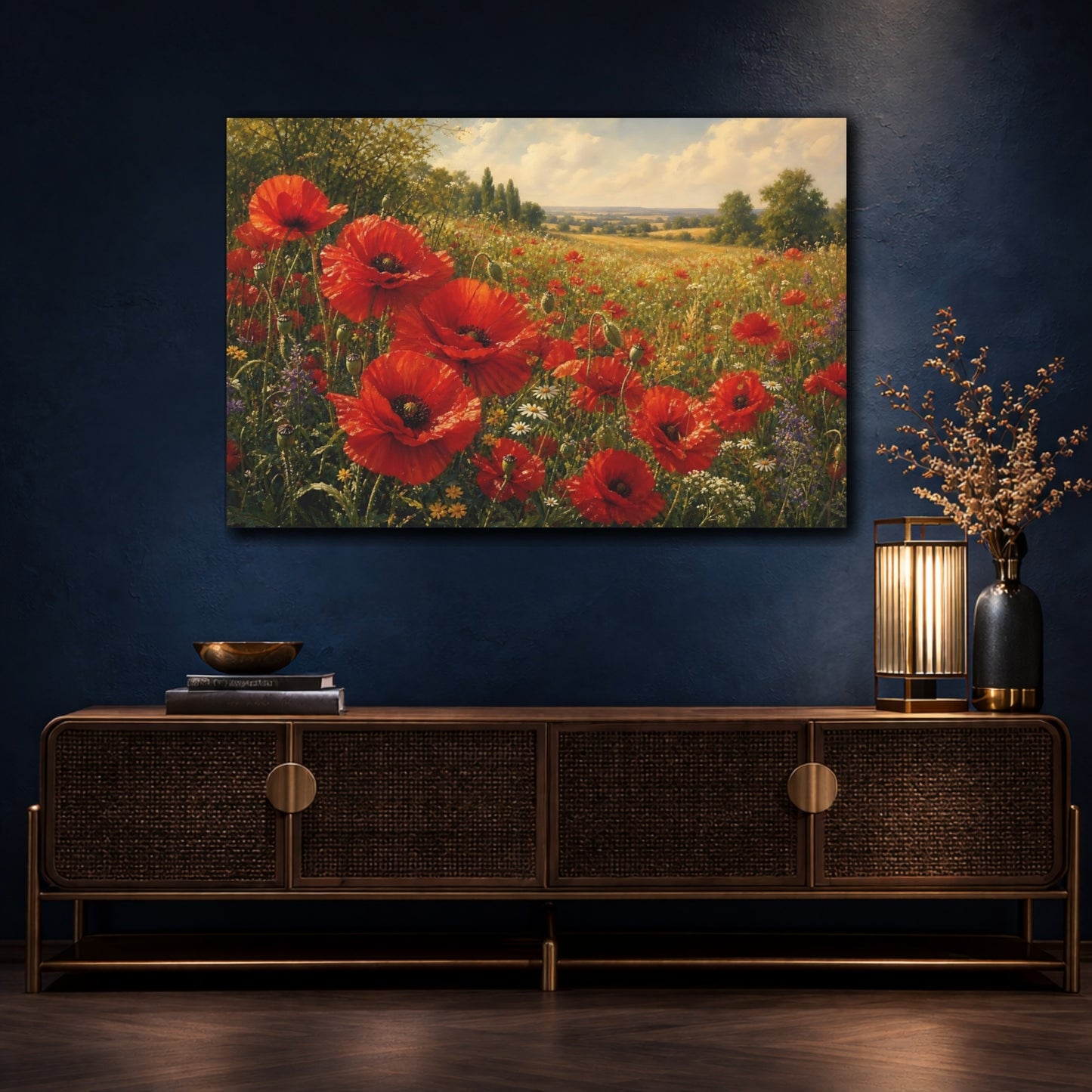 Mockup 4. Floral Poppies Red Poppies Field shown as stretched canvas wall art
