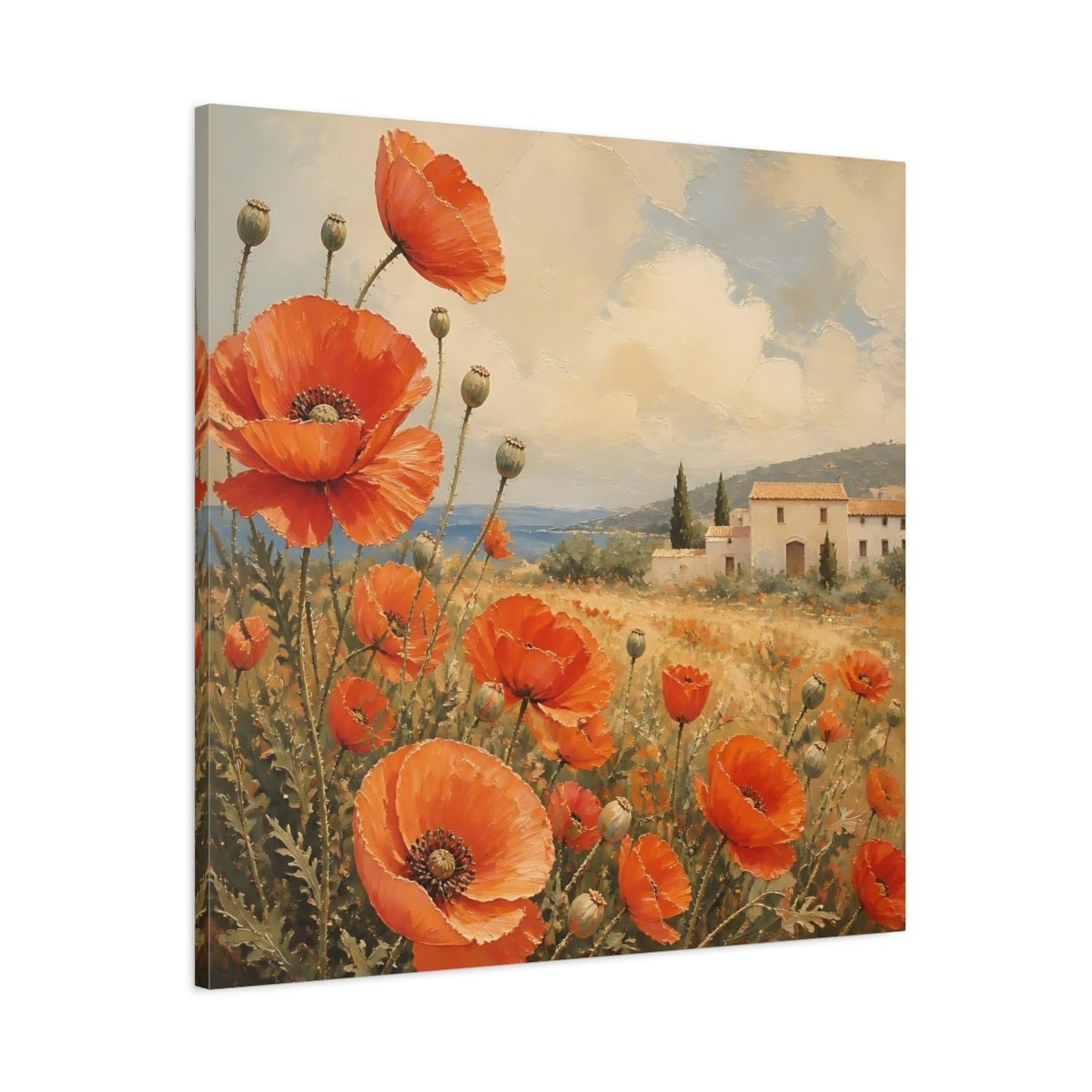 Main Mockup. Floral Poppies Red Poppies Landscape shown as stretched canvas wall art