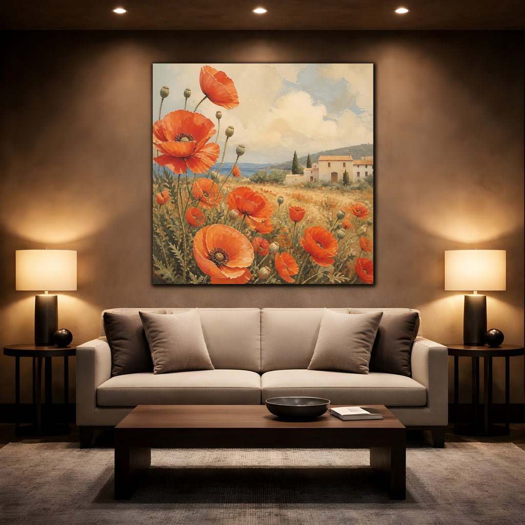 Mockup 2. Floral Poppies Red Poppies Landscape shown as stretched canvas wall art