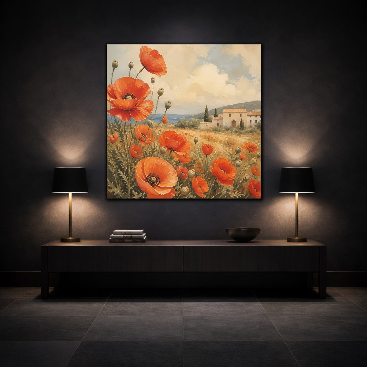 Mockup 3. Floral Poppies Red Poppies Landscape shown as stretched canvas wall art