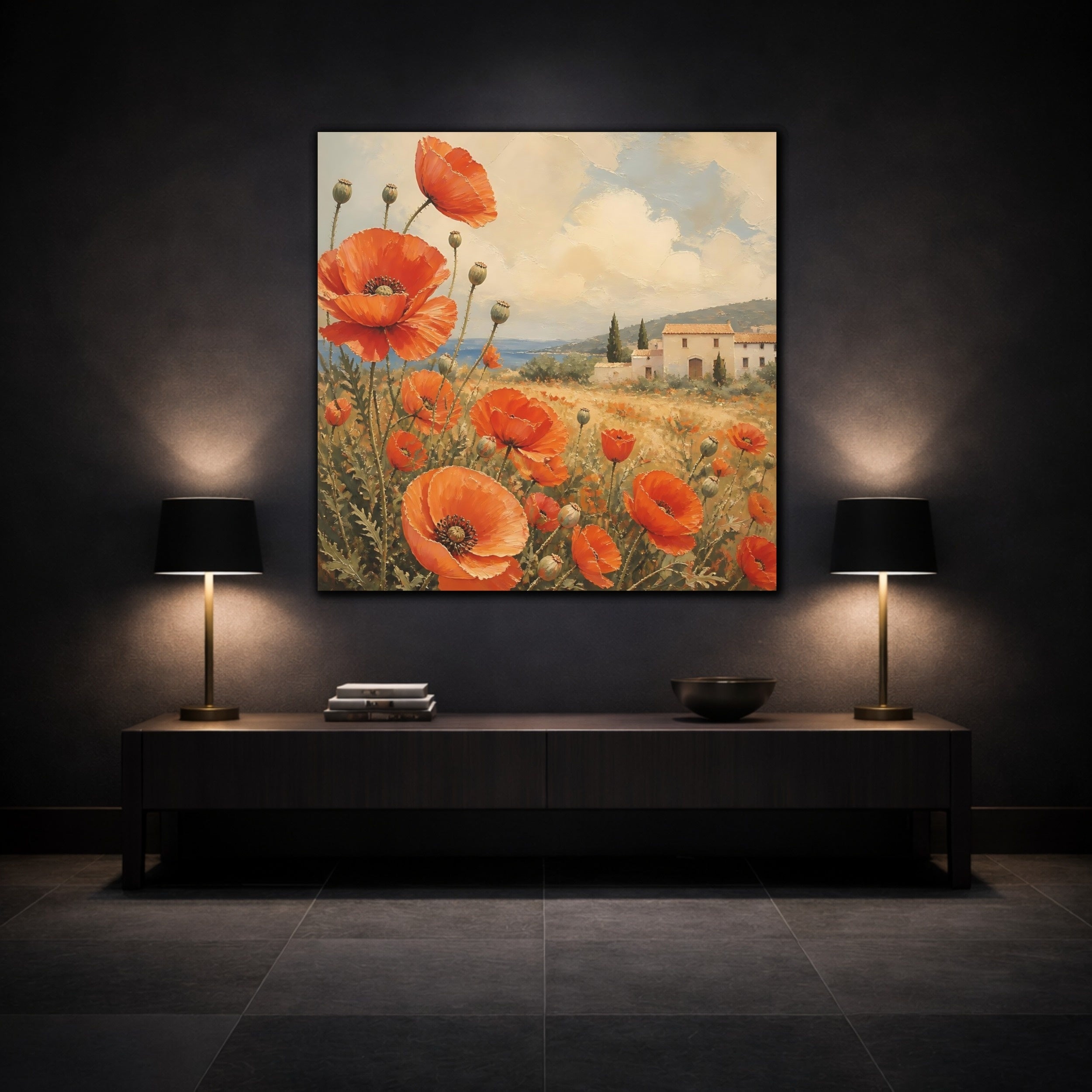 Mockup 3. Floral Poppies Red Poppies Landscape shown as stretched canvas wall art