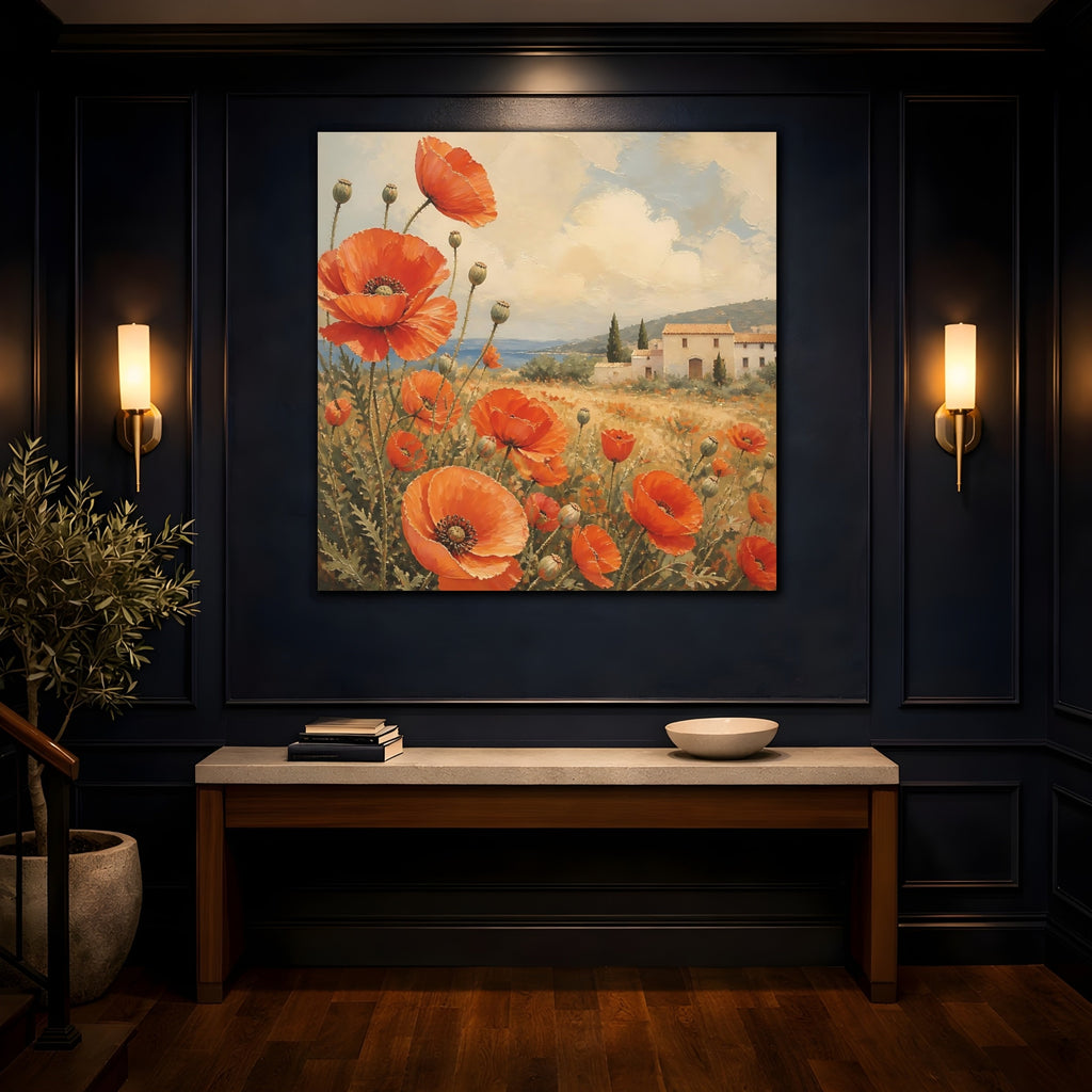 Mockup 4. Floral Poppies Red Poppies Landscape shown as stretched canvas wall art