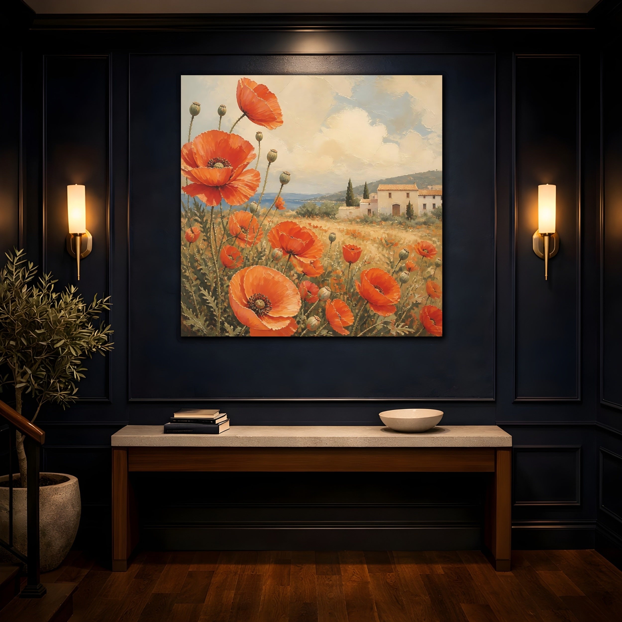 Mockup 4. Floral Poppies Red Poppies Landscape shown as stretched canvas wall art