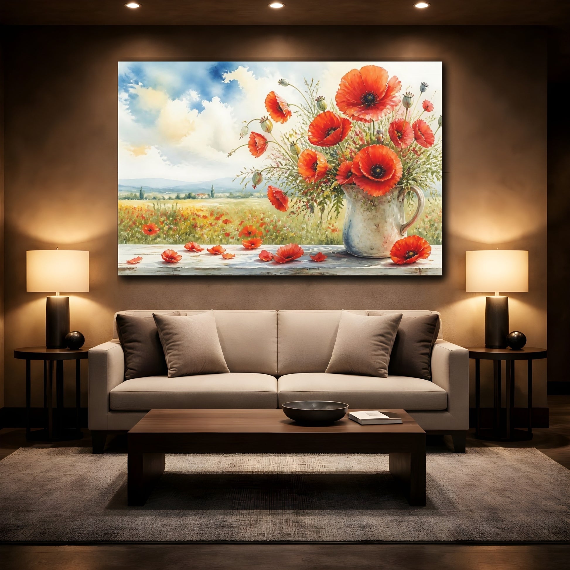 Mockup 2. Floral Poppies Red Poppies shown as stretched canvas wall art