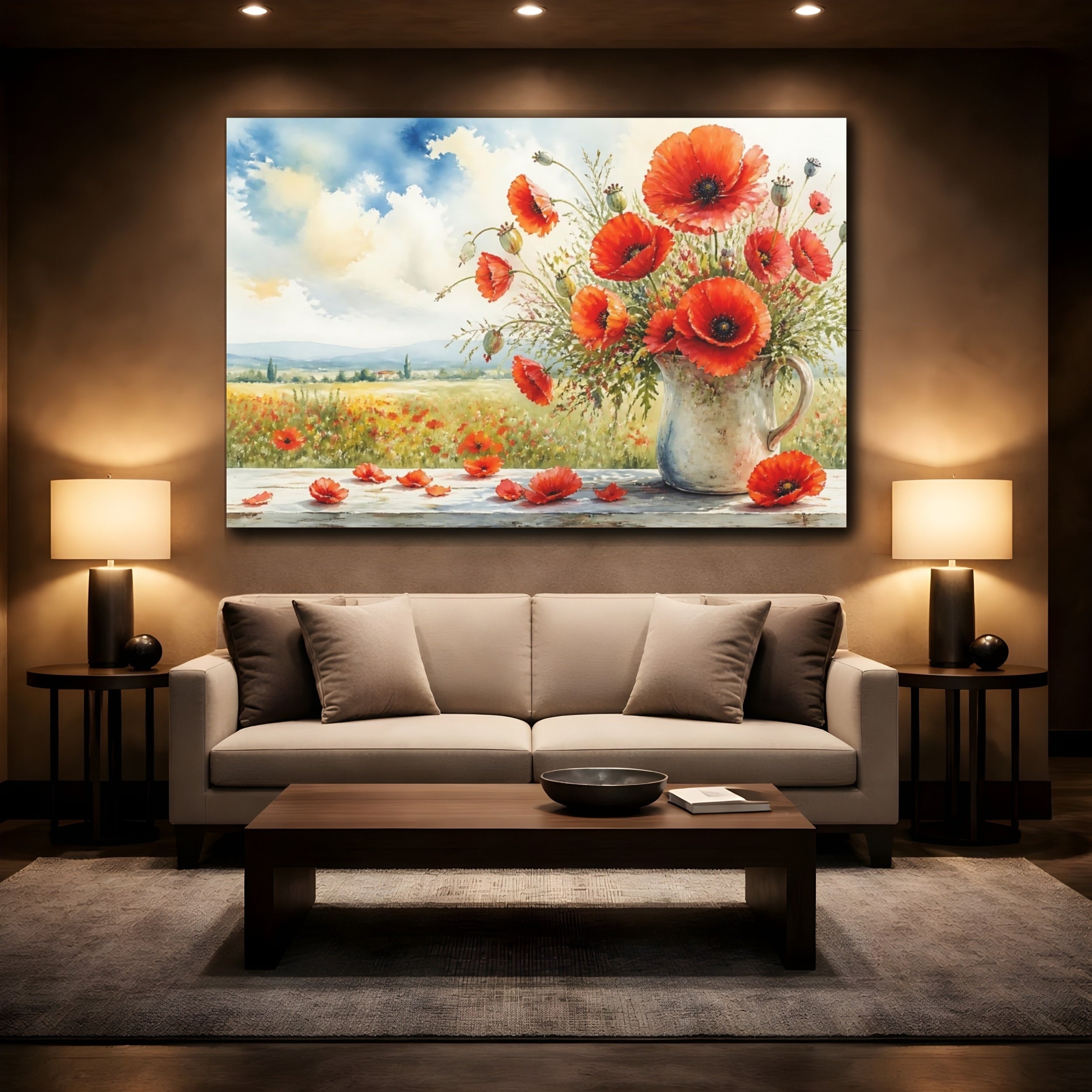 Mockup 2. Floral Poppies Red Poppies shown as stretched canvas wall art