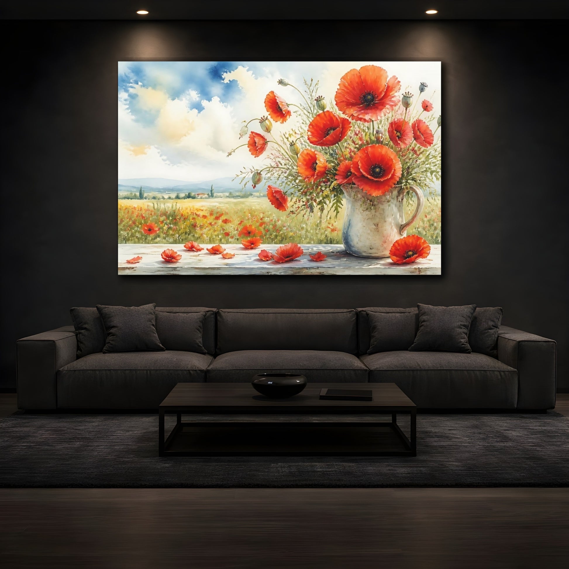 Mockup 3. Floral Poppies Red Poppies shown as stretched canvas wall art
