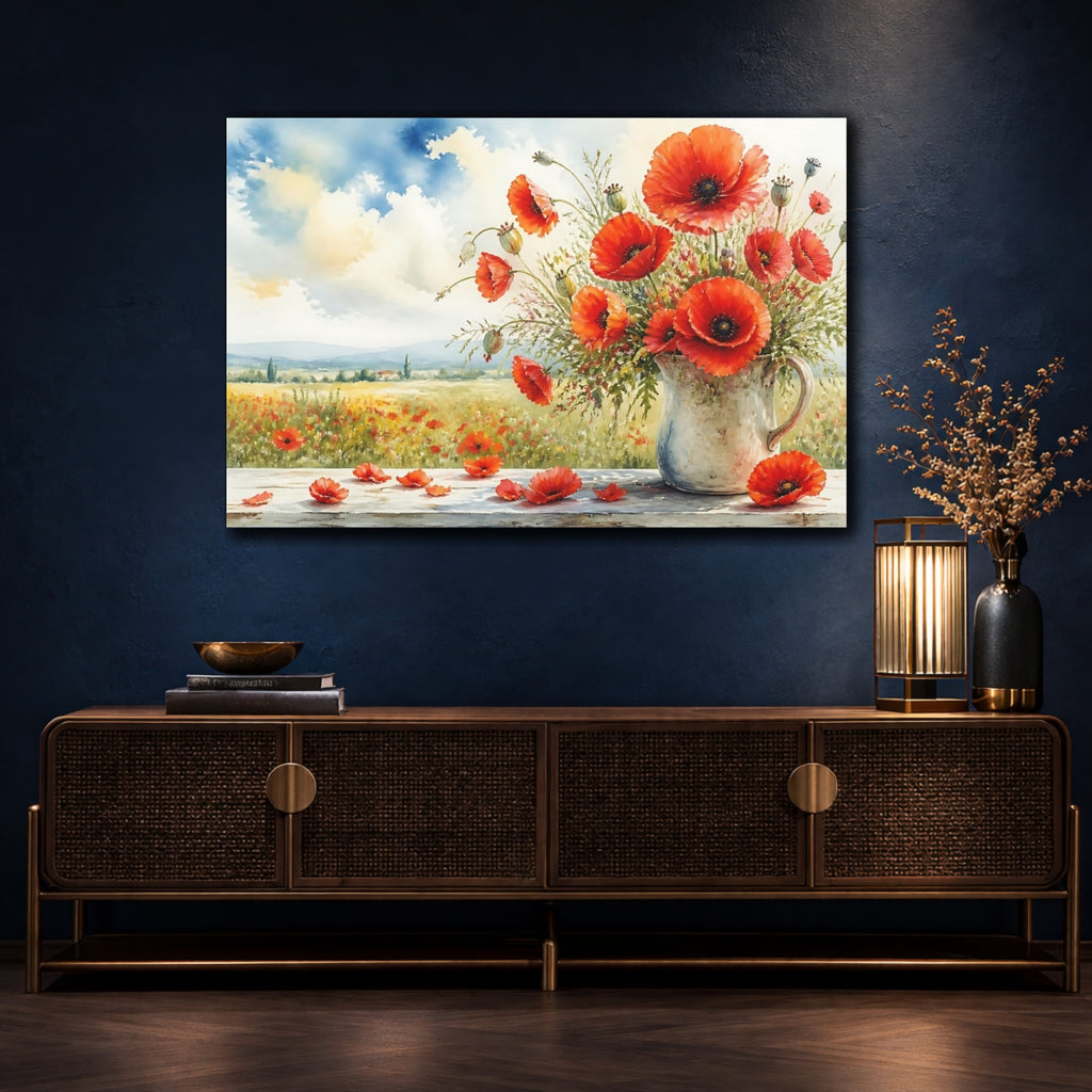 Mockup 4. Floral Poppies Red Poppies shown as stretched canvas wall art