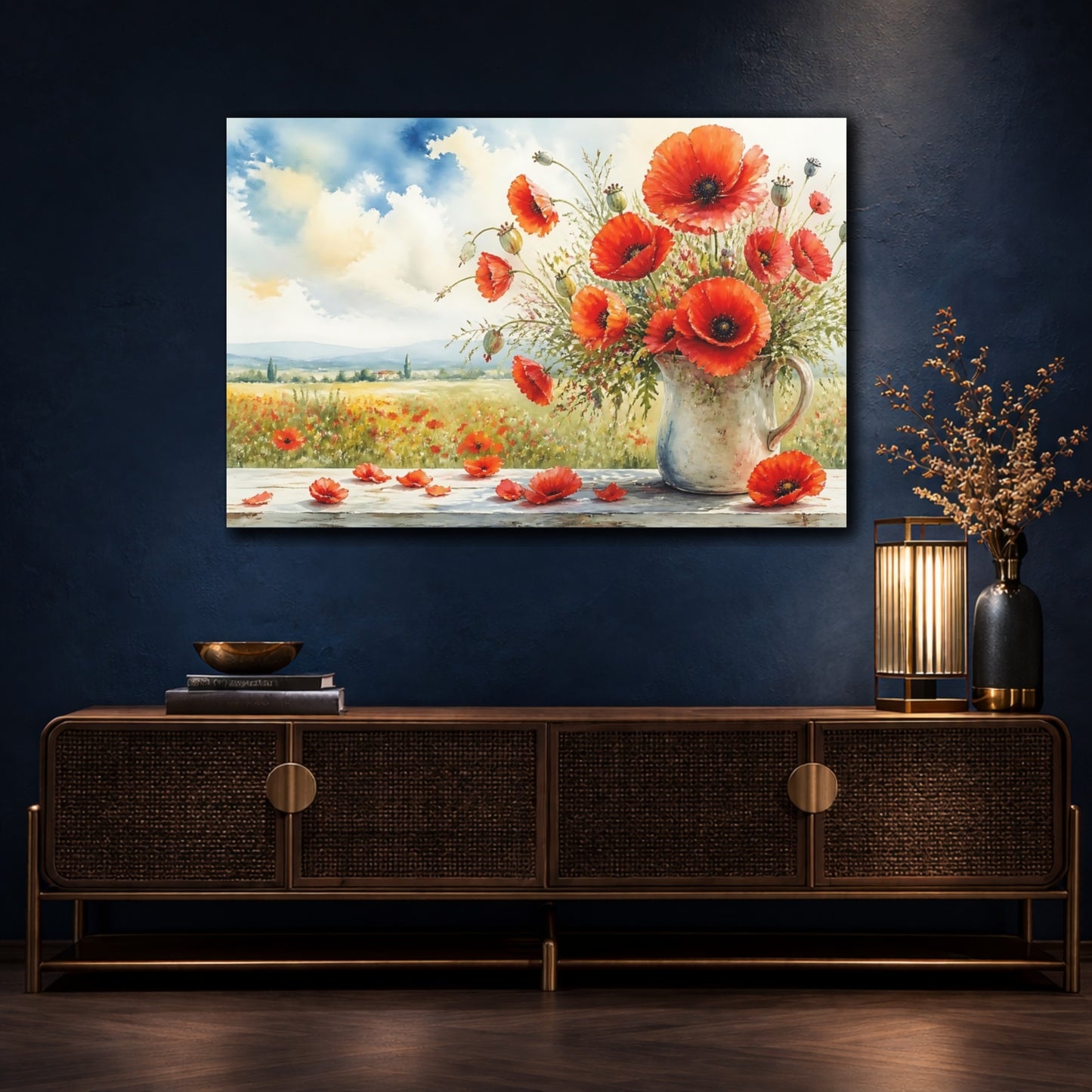Mockup 4. Floral Poppies Red Poppies shown as stretched canvas wall art
