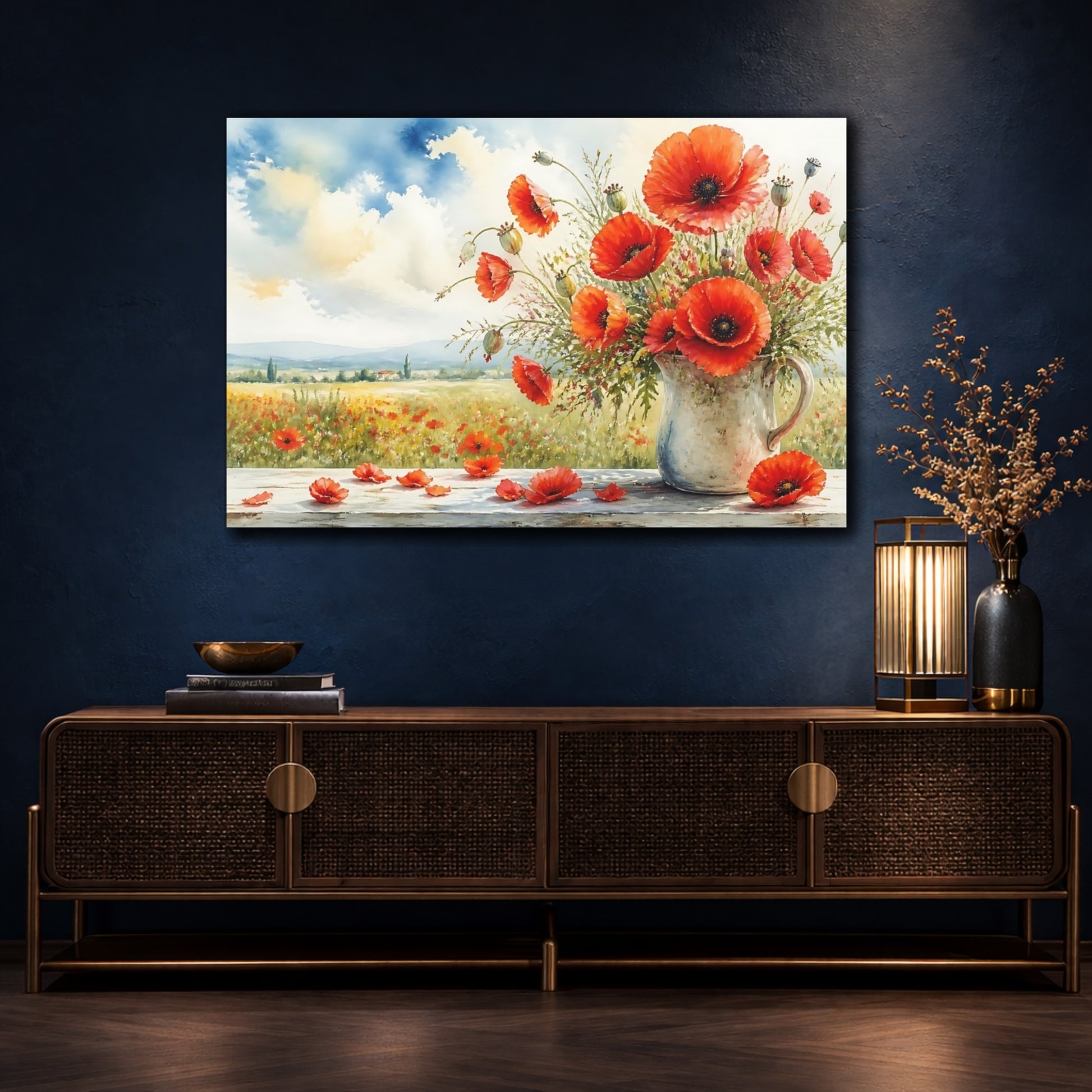 Mockup 4. Floral Poppies Red Poppies shown as stretched canvas wall art