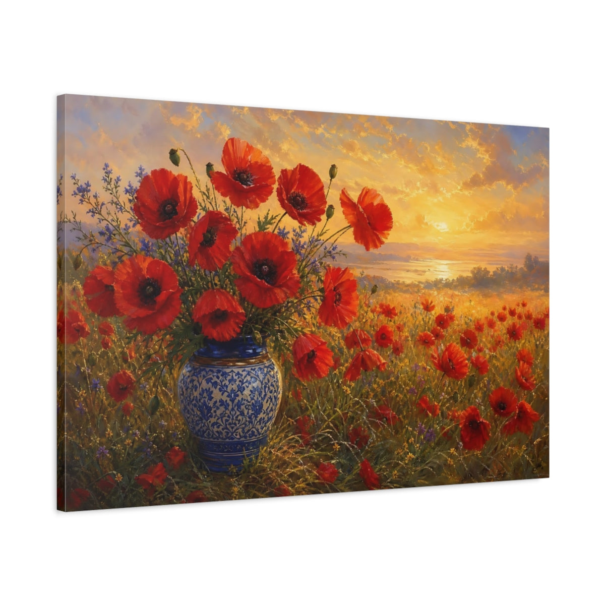 Main Mockup. Floral Poppies Red Poppies Sunset shown as stretched canvas wall art