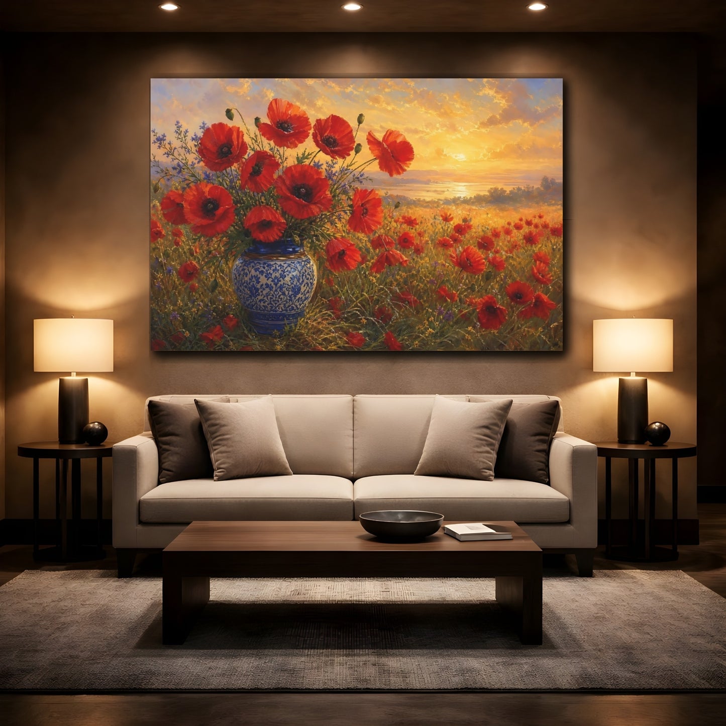 Mockup 2. Floral Poppies Red Poppies Sunset shown as stretched canvas wall art