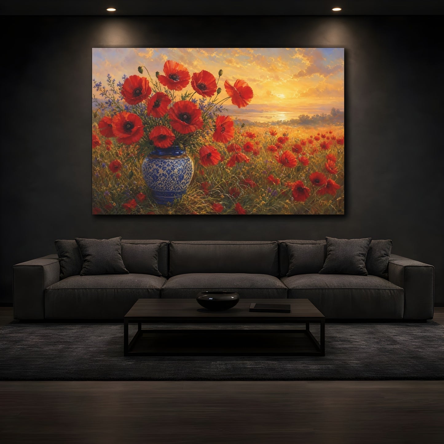 Mockup 3. Floral Poppies Red Poppies Sunset shown as stretched canvas wall art
