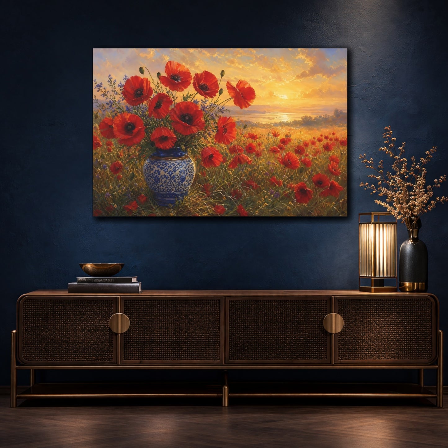 Mockup 4. Floral Poppies Red Poppies Sunset shown as stretched canvas wall art