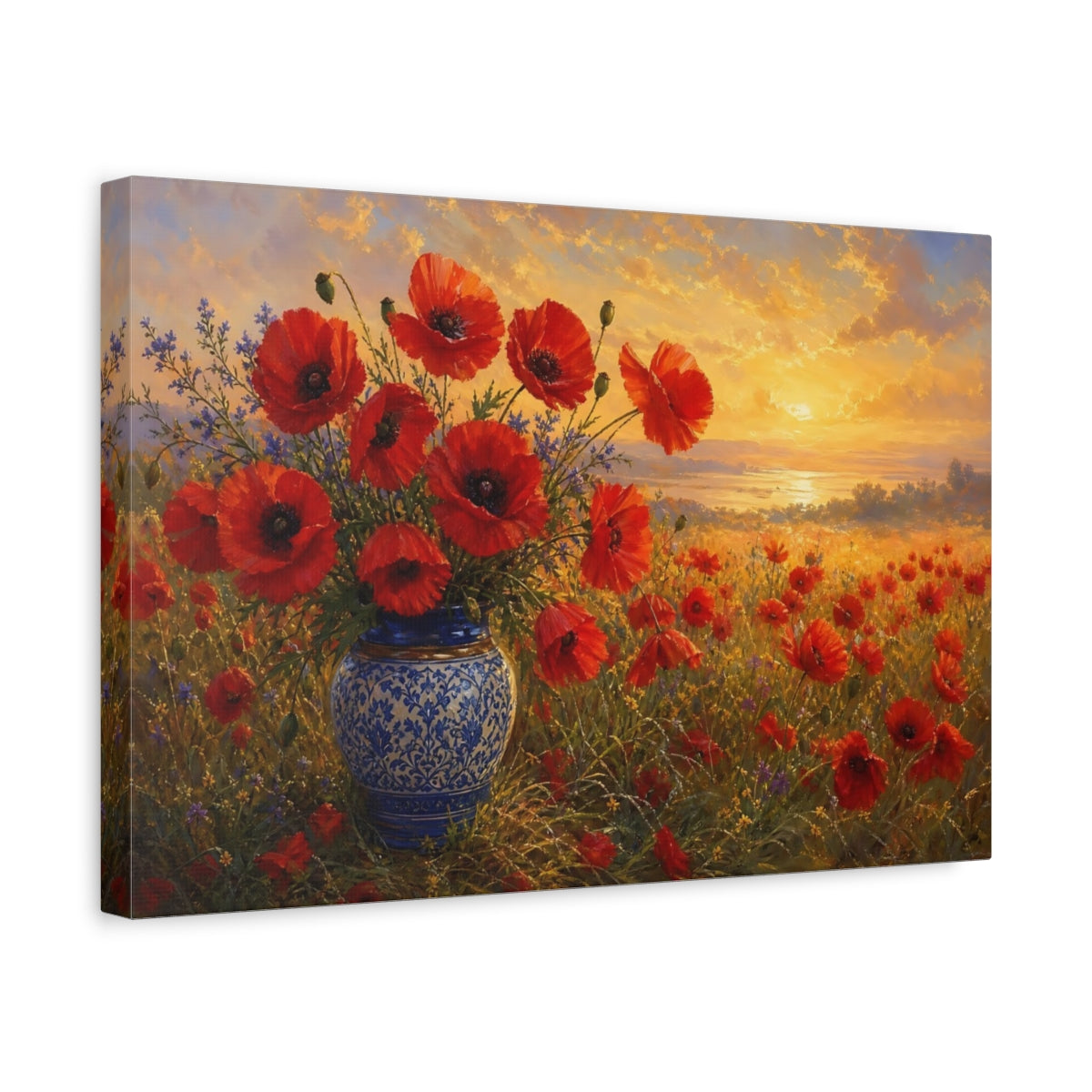 Side Mockup 4. Floral Poppies Red Poppies Sunset shown as stretched canvas wall art