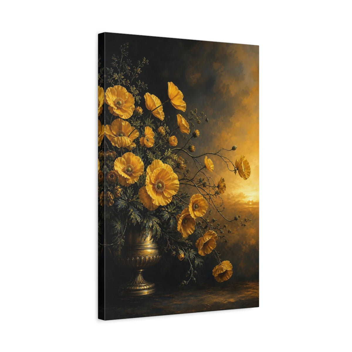 Side Mockup 3. Floral Poppies Yellow Poppies Gold shown as stretched canvas wall art