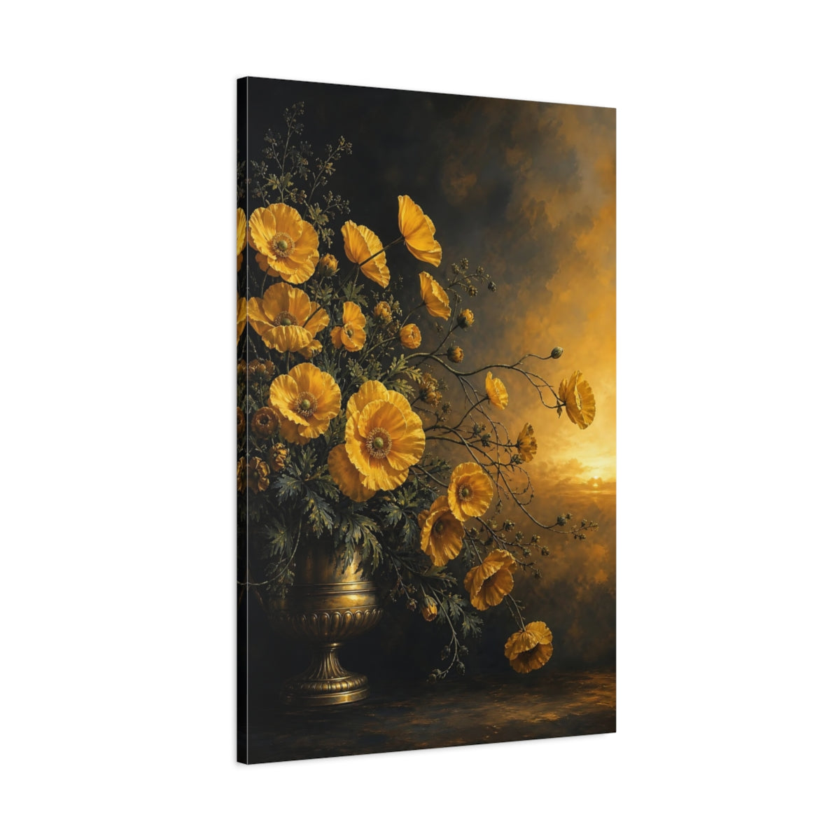 Main Mockup. Floral Poppies Yellow Poppies Gold shown as stretched canvas wall art