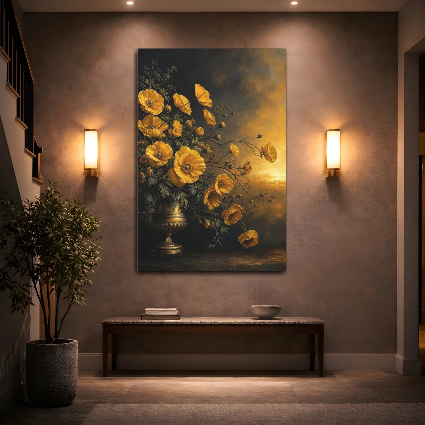 Mockup 2. Floral Poppies Yellow Poppies Gold shown as stretched canvas wall art