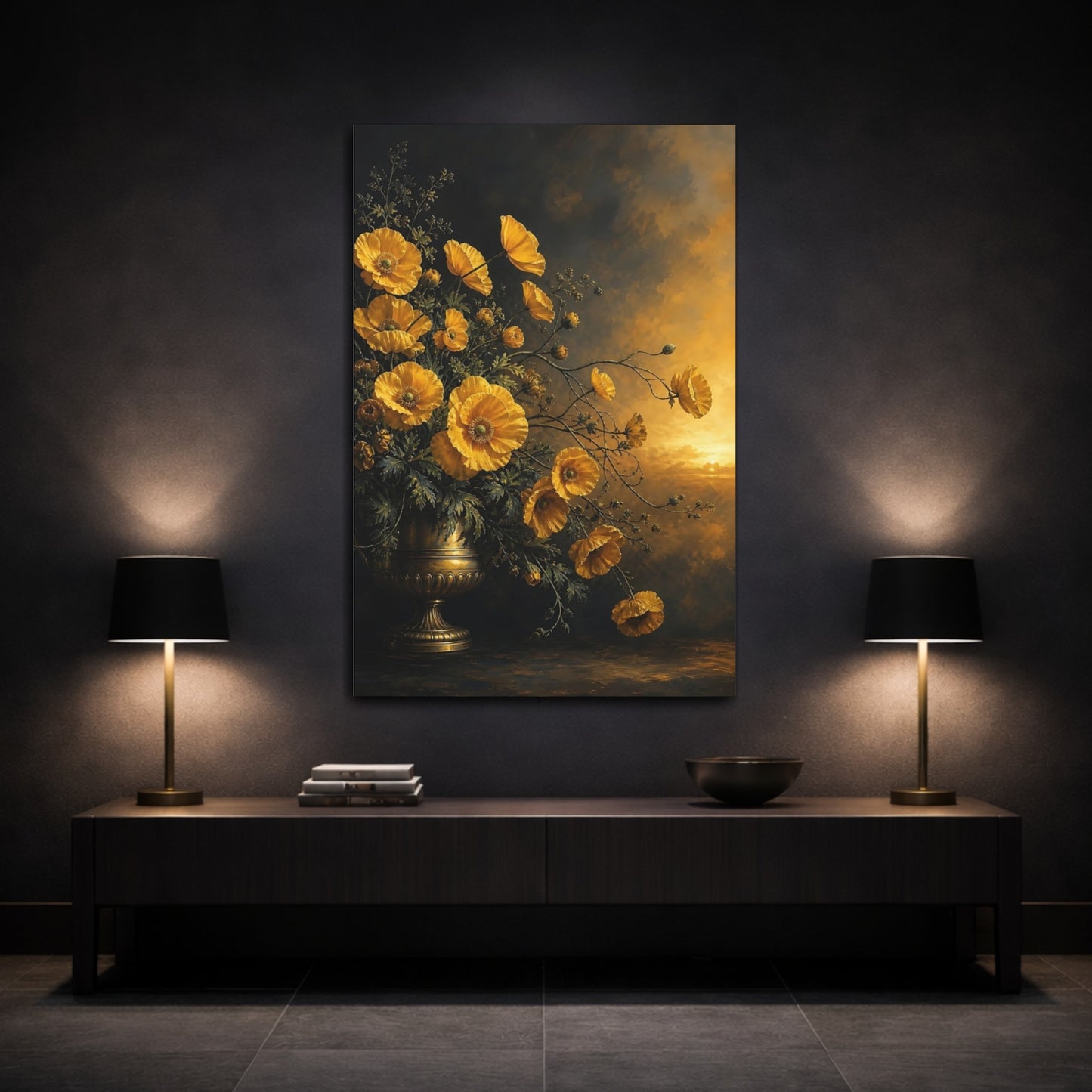 Mockup 3. Floral Poppies Yellow Poppies Gold shown as stretched canvas wall art