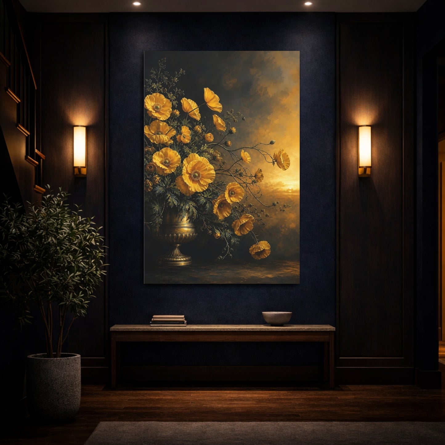 Mockup 4. Floral Poppies Yellow Poppies Gold shown as stretched canvas wall art
