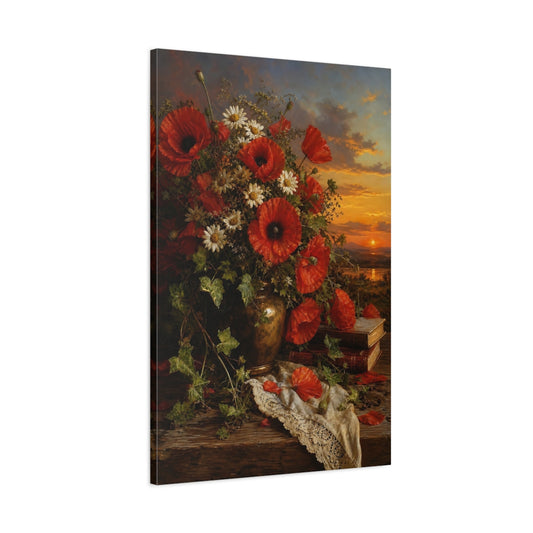 Main Mockup. Floral Poppy Bouquet Red Poppies Still Life shown as stretched canvas wall art