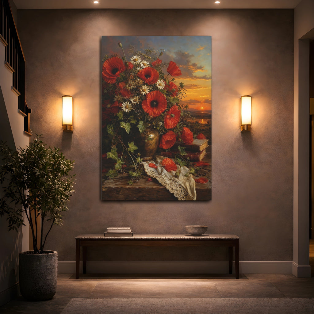 Mockup 2. Floral Poppy Bouquet Red Poppies Still Life shown as stretched canvas wall art