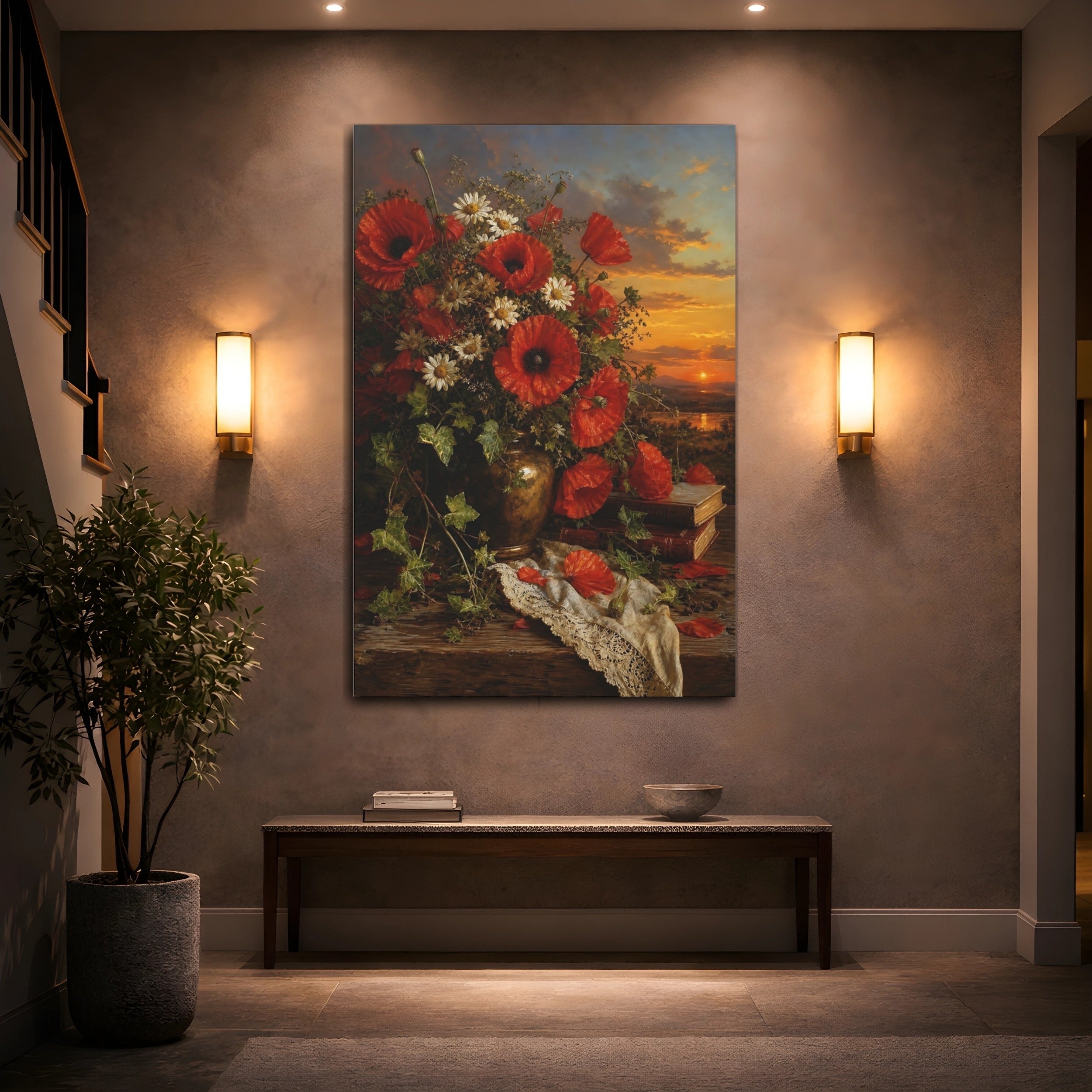 Mockup 2. Floral Poppy Bouquet Red Poppies Still Life shown as stretched canvas wall art